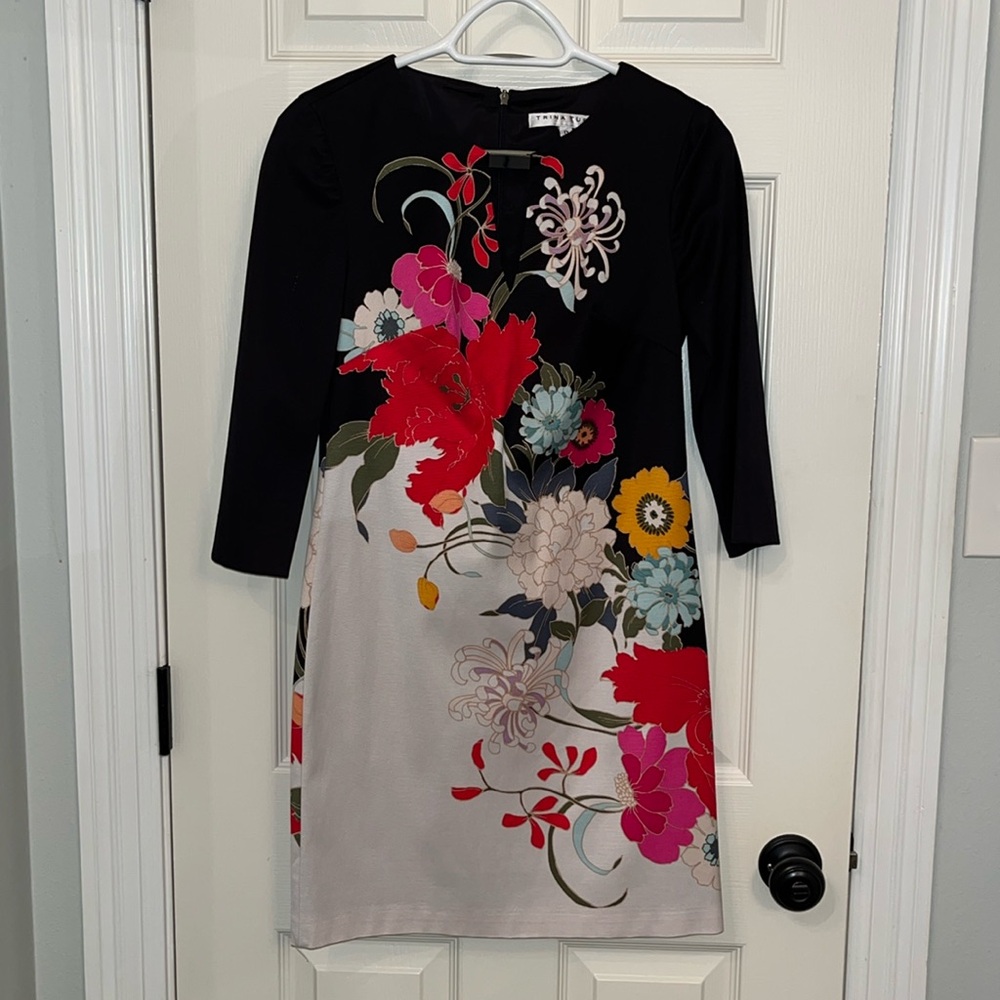 Trina Turk Black‎ Floral 3/4 Sleeve Lined Dress Sz 0 Zipper Keyhole Knee Length